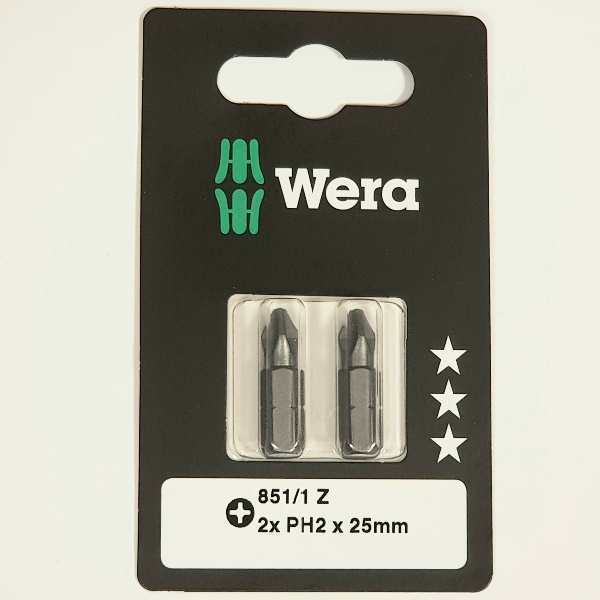Wera Bit PH Größe 2 L.25mm 1/4 Zoll 6KT C6,3 zähh. Karte mit 2 St. 851/1 Z SB 4013288029065.jpg